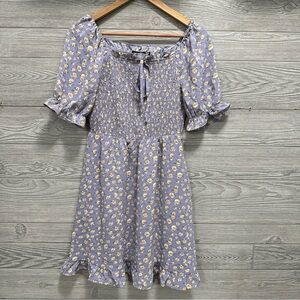 Smocked Coquette Peasant Mini Dress S Puff Sleeve Ditsy Floral Lavender Cottage